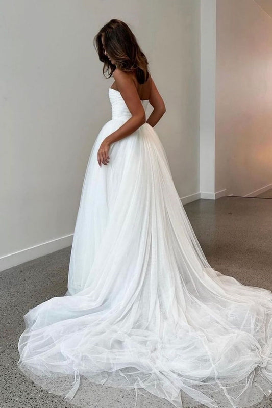 Ivory Strapless Wedding Dress Ball Gown Corset Tulle Bridal Dress with Sweep Train