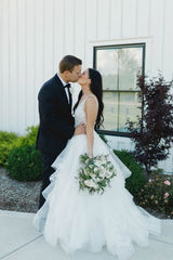 Ivory V Neck Wedding Dress A Line Tulle Appliques Bridal Dress