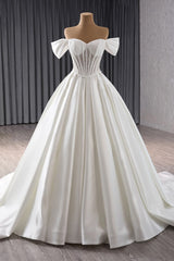 Ivory Off the Shoulder Wedding Dress Corset Satin Lace Ball Gown Bridal Dress