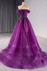 Purple Off the Shoulder Prom Dress A Line Beaded Sequin Evening Dress