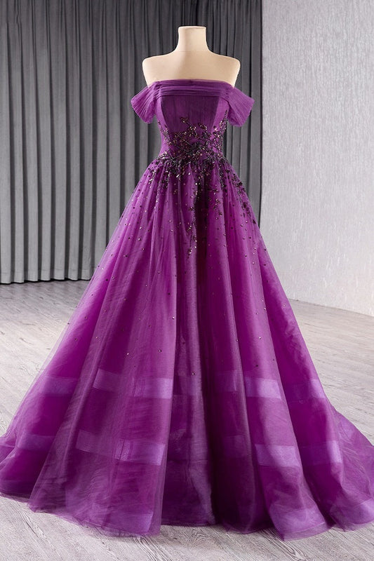 Purple Off the Shoulder Prom Dress A Line Beaded Sequin Evening Dress