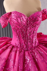 Fuchsia Off the Shoulder Wedding Dress Ball Gown Sequin Evening Dress