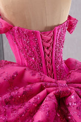 Fuchsia Off the Shoulder Wedding Dress Ball Gown Sequin Evening Dress