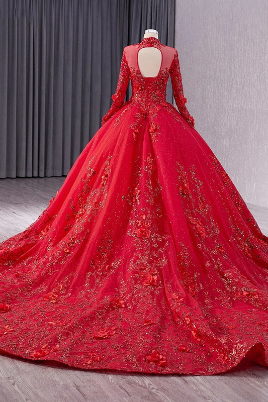 Red High Neck Wedding Dress Long Sleeves Ball Gown Sequin Bridal Dress