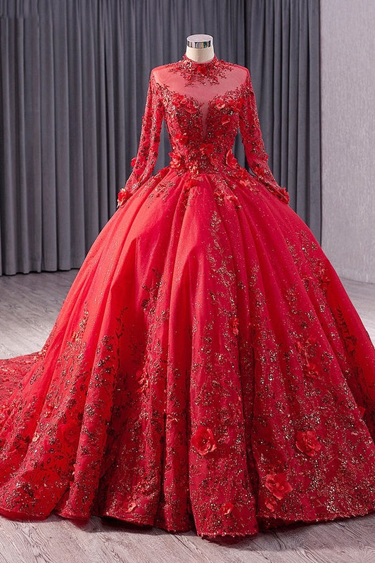 Red High Neck Wedding Dress Long Sleeves Ball Gown Sequin Bridal Dress