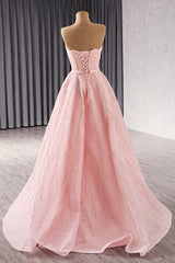 Pink Strapless Prom Dress A Line Beaded Lace Up Evening Dress