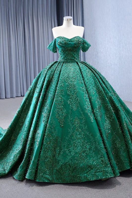 Green Off the Shoulder Evening Dress Ball Gown Prom Dress