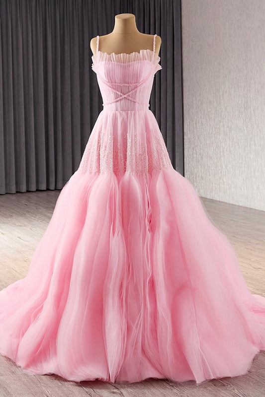 Pink Spaghetti Straps Prom Dress A Line Lace Up Beaded Evening Dress