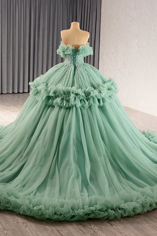 Green Off the Shoulder Evening Dress Ball Gown Beaded Prom Dress