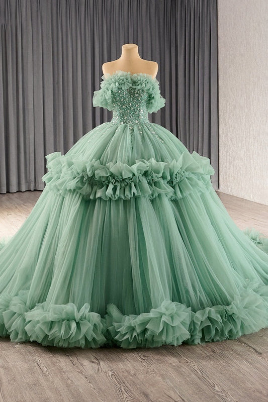 Green Off the Shoulder Evening Dress Ball Gown Beaded Prom Dress