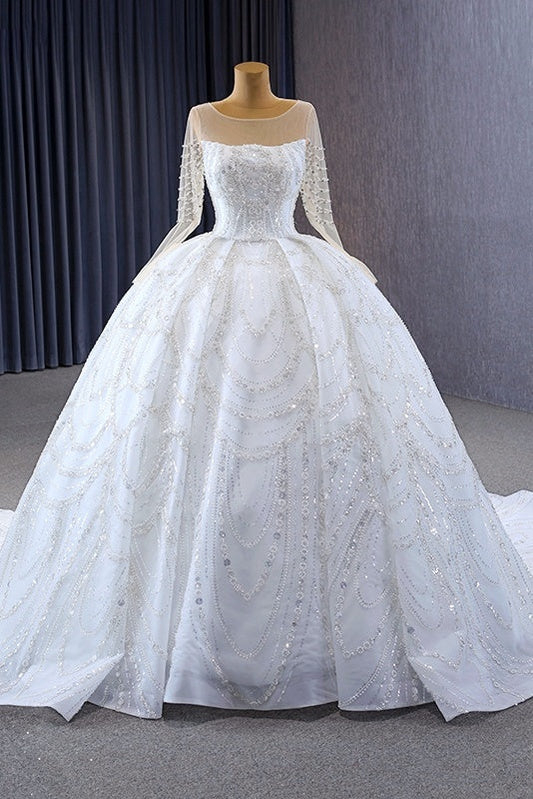 Ivory Long Sleeves Wedding Dress Ball Gown Sequin Bridal Dress with Sweep Train