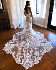 Gorgeous White and Champagne Wedding Dress V Neck Mermaid Lace Bridal Dress