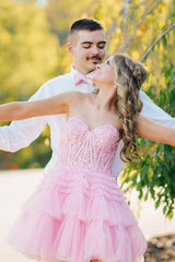 Pink Sweetheart A Line Corset Tiered Short Homecoming Dress