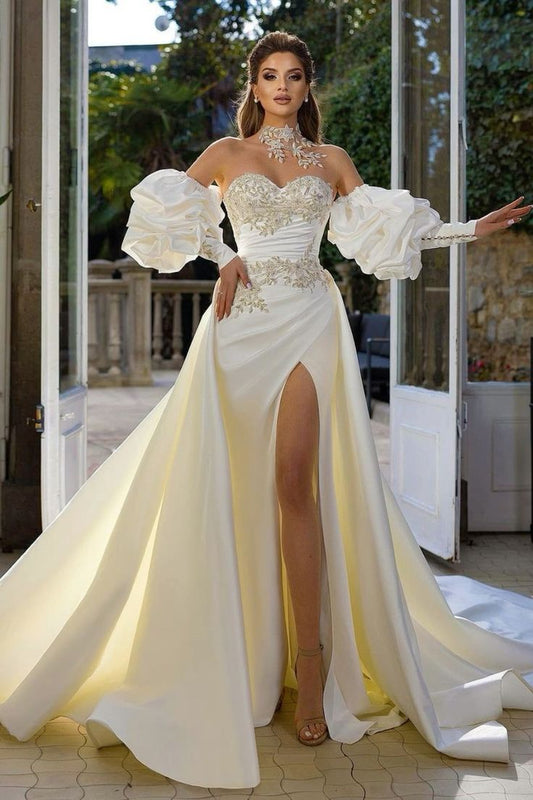 Ivory Wedding Dress Puff Sleeves Sheath/Column Bridal Dress with Panel Train