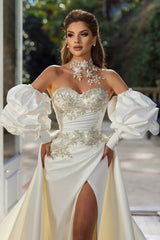 Ivory Wedding Dress Puff Sleeves Sheath/Column Bridal Dress with Panel Train