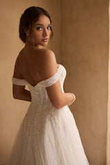 Ivory Wedding Dress A Line Tulle Off the Shoulder Corset Bridal Dress with Beadings