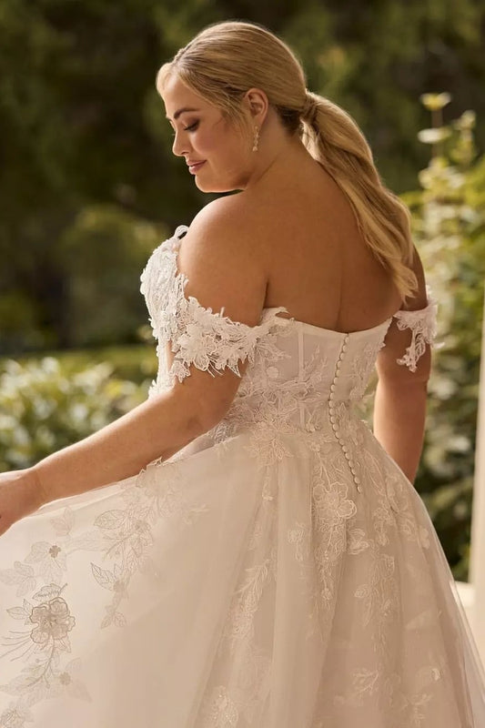 Ivory Plus Size Wedding Dress A Line Tulle Off the Shoulder Bridal Dress