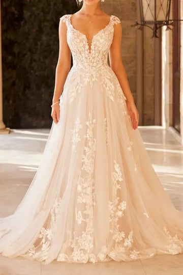 Ivory Wedding Dress A Line V Neck Appliques Bridal Dress with Sweep Train