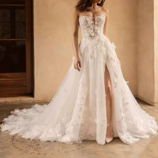 White Wedding Dress A Line Strapless Appliques Bridal Dress with Slit