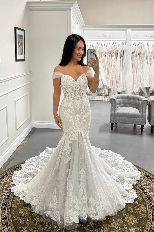 Ivory Wedding Dress Mermaid Off the Shoulder Bridal Dress with Appliques