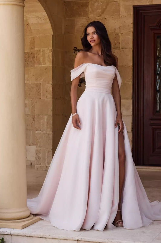 Pink Wedding Dress A Line Off the Shoulder Bridal Dress with Slit