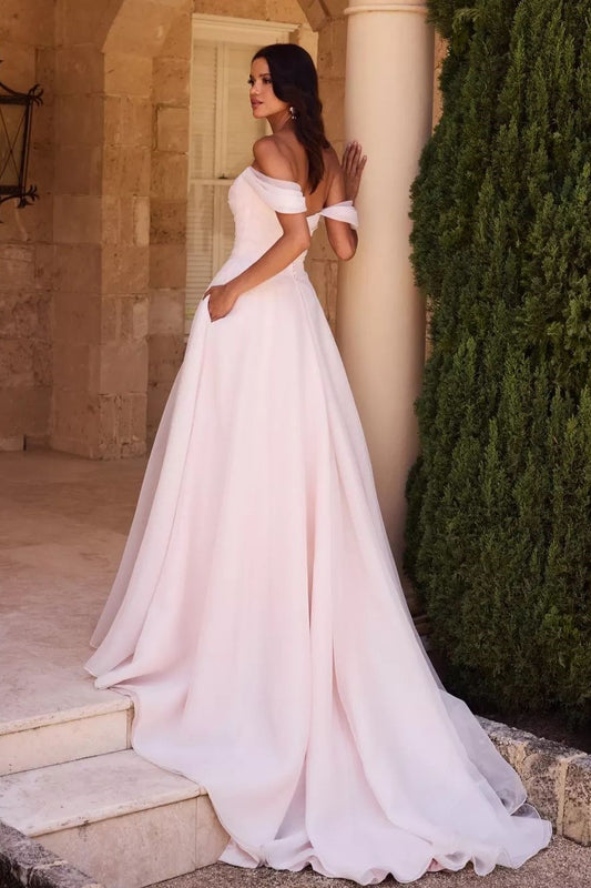 Pink Wedding Dress A Line Off the Shoulder Bridal Dress with Slit