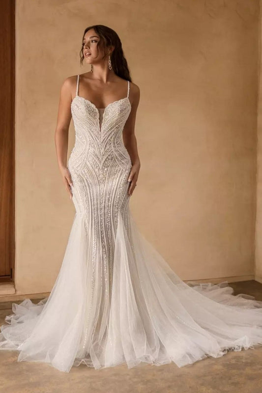 Ivory Wedding Dress Spaghetti Straps Mermaid Sequin Tulle Bridal Dress