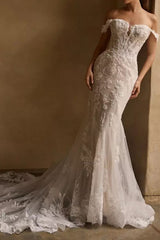 Ivory Wedding Dress Off the Shoulder Mermaid Tulle Bridal Dress with Appliques