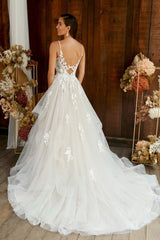 Ivory Wedding Dress Spaghetti Straps Tulle Bridal Dress with Appliques