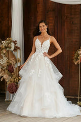 Ivory Wedding Dress Spaghetti Straps Tulle Bridal Dress with Appliques