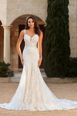 Ivory Wedding Dress Spaghetti Straps Tulle Mermaid Bridal Dress with Appliques