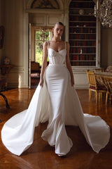 White Wedding Dress Spaghetti Straps Mermaid Beaded Corset Bridal Dress with Panel Train