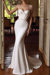 White Wedding Dress Spaghetti Straps Mermaid Beaded Corset Bridal Dress with Panel Train