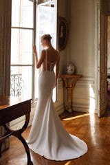 White Wedding Dress Spaghetti Straps Mermaid Beaded Corset Bridal Dress with Panel Train