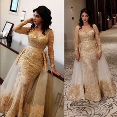 Gold Evening Dress Tulle Long Sleeves Sequin Prom Dress with Panel Train