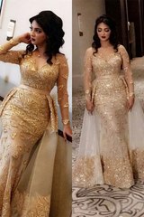 Gold Evening Dress Tulle Long Sleeves Sequin Prom Dress with Panel Train