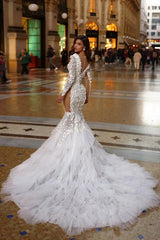 Ivory Long Sleeves Wedding Dress Mermaid Tulle Bridal Dress with 3D Flowers