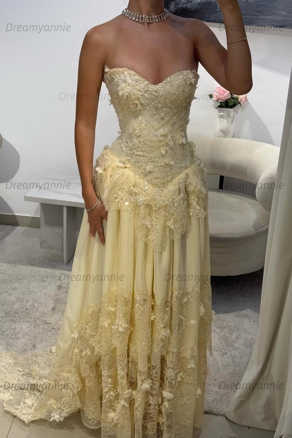 Yellow A Line Prom Dress Sleeveless Sweetheart Evening Dress With Lace Appliques