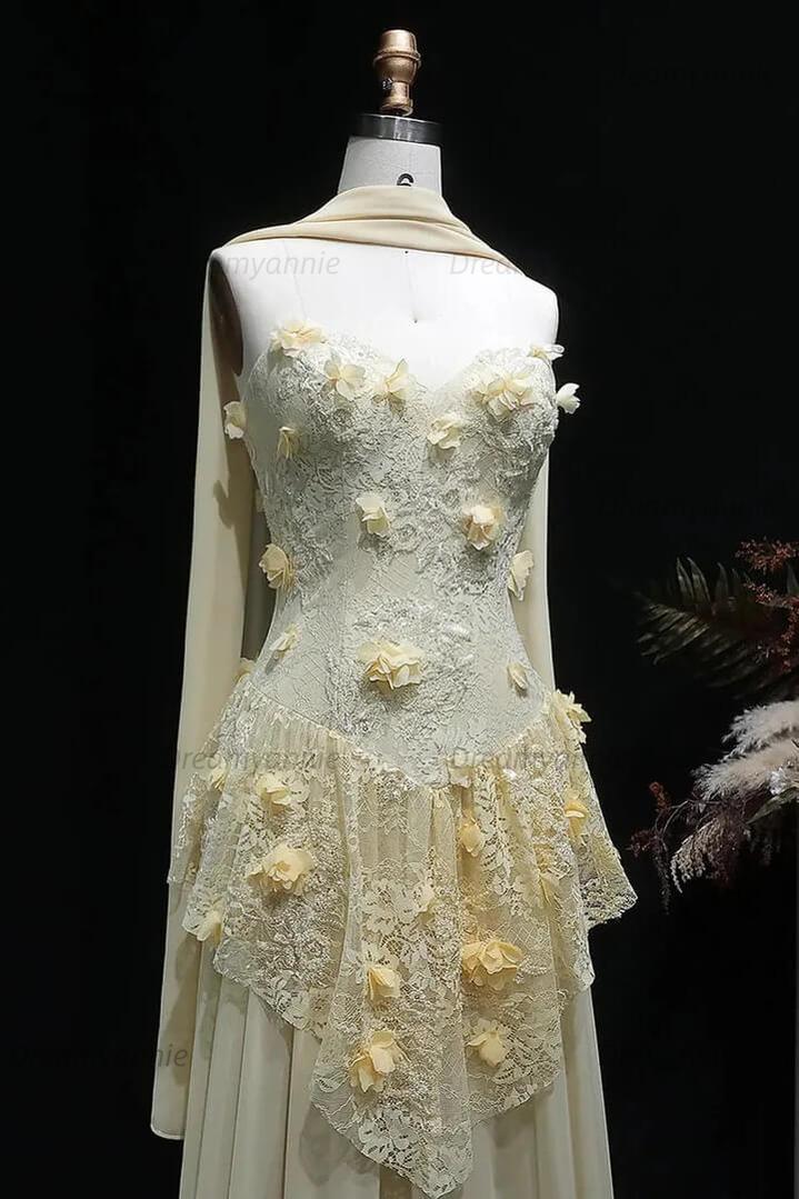 Yellow Lace A Line Prom Dress Sweetheart Lace Appliqued Formal Evening Dress with 3D Flowers