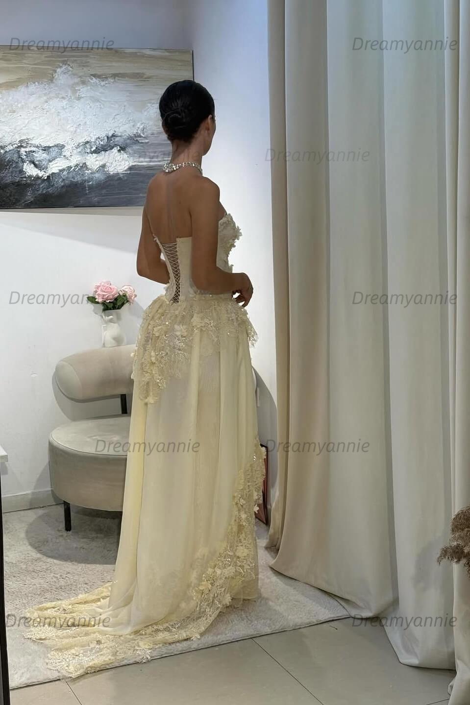 Yellow A Line Prom Dress Sleeveless Sweetheart Evening Dress With Lace Appliques