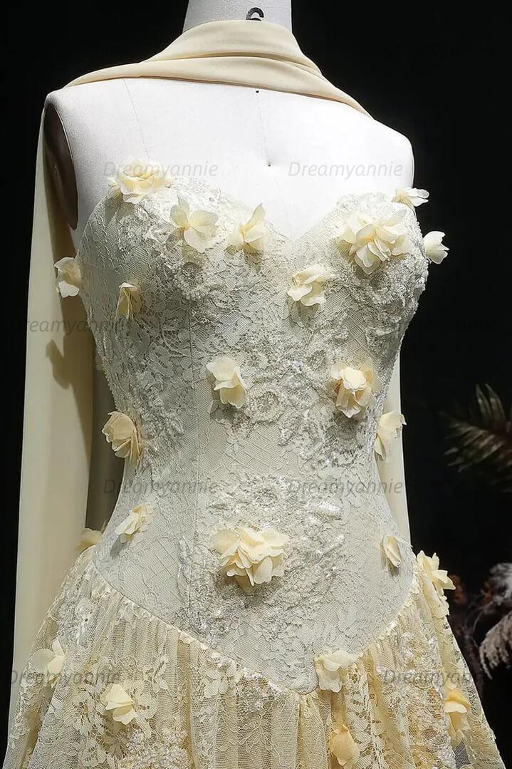 Yellow Lace A Line Prom Dress Sweetheart Lace Appliqued Formal Evening Dress with 3D Flowers