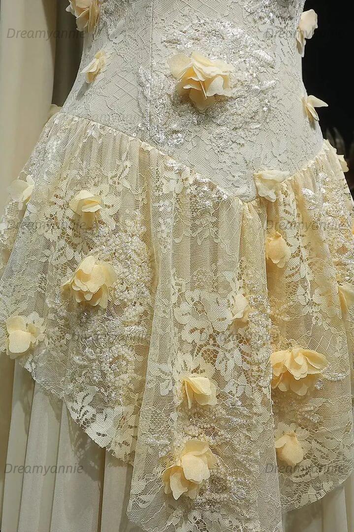 Yellow Lace A Line Prom Dress Sweetheart Lace Appliqued Formal Evening Dress with 3D Flowers