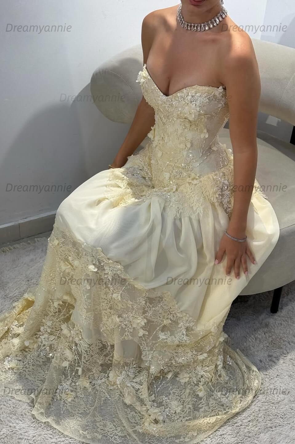 Yellow A Line Prom Dress Sleeveless Sweetheart Evening Dress With Lace Appliques