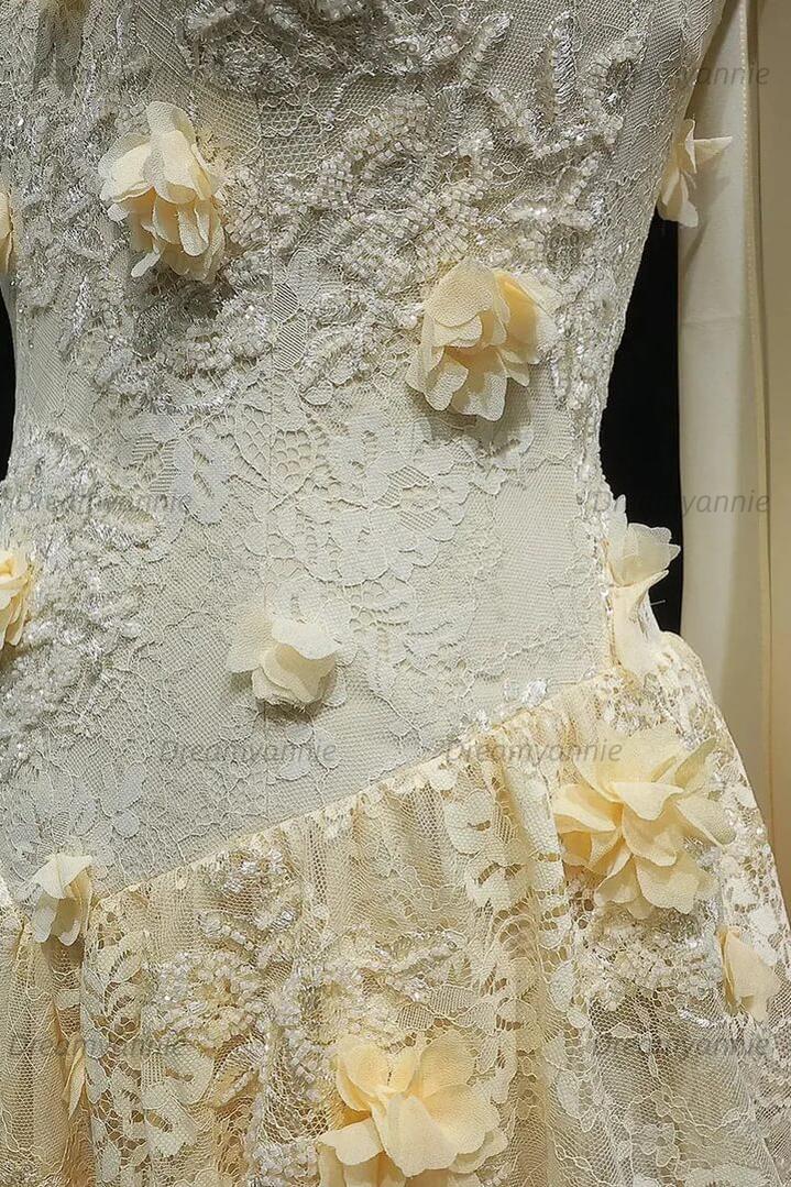 Yellow Lace A Line Prom Dress Sweetheart Lace Appliqued Formal Evening Dress with 3D Flowers