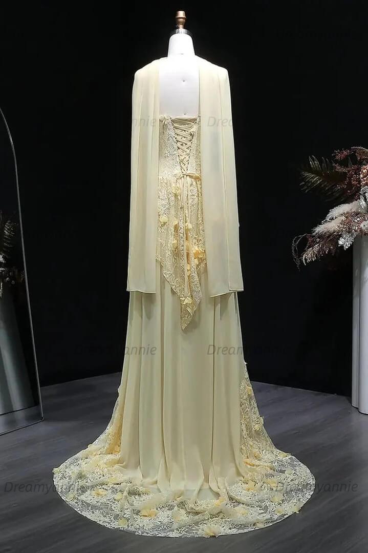 Yellow A Line Prom Dress Sleeveless Sweetheart Evening Dress With Lace Appliques