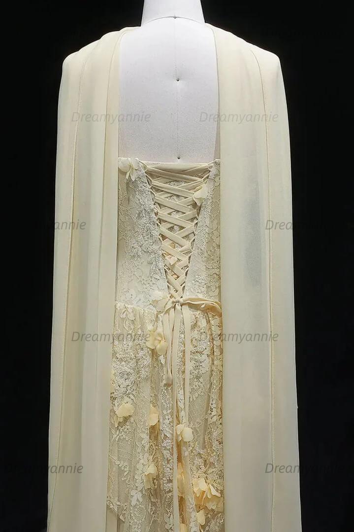 Yellow Lace A Line Prom Dress Sweetheart Lace Appliqued Formal Evening Dress with 3D Flowers