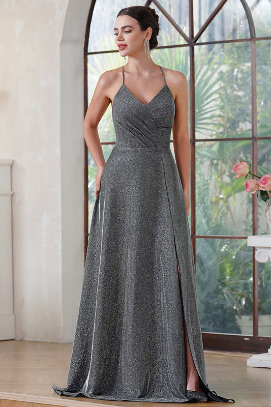 Grey Halter Sparkly Sleeveless Prom Dress