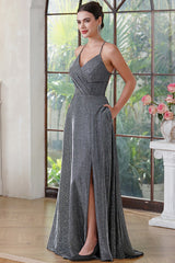 Grey Halter Sparkly Sleeveless Prom Dress