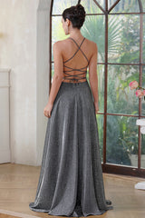 Grey Halter Sparkly Sleeveless Prom Dress