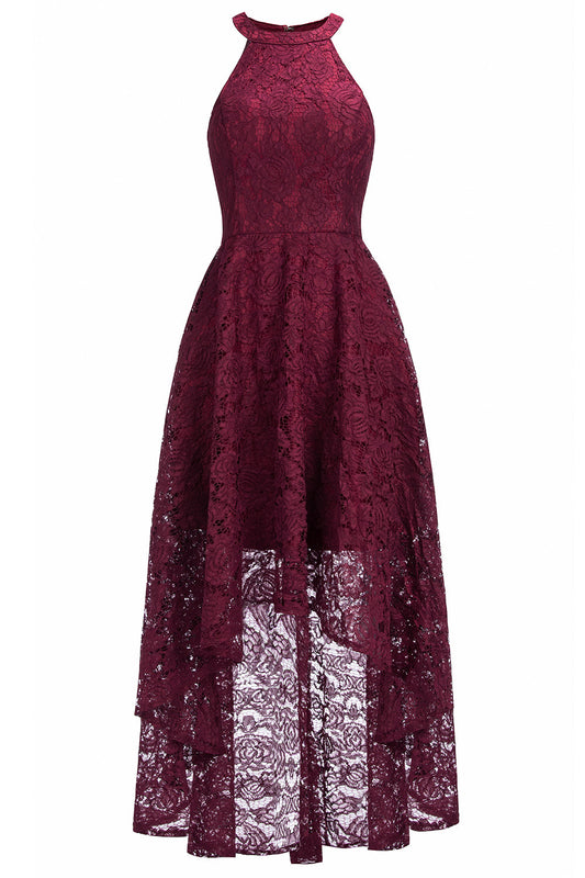 Burgundy Formal Dress Crew Neck Lace Evening Party Dress